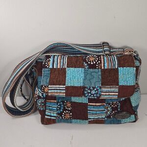 Donna Sharp Quilted Patchwork Crossbody Bag Teal Brown Multi Compartment Purse